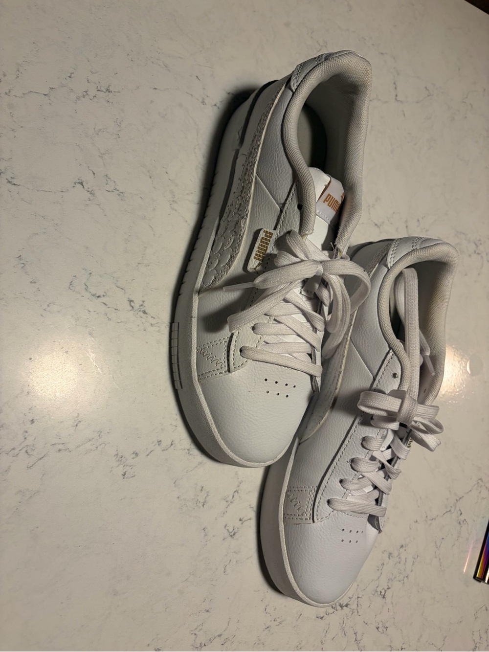 Puma White Leather Low-Top Sneakers with Gold Accents